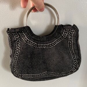 Vintage Beaded Evening Hoop Handle Mini Bag Black Unique 90s Hangbag Clutch